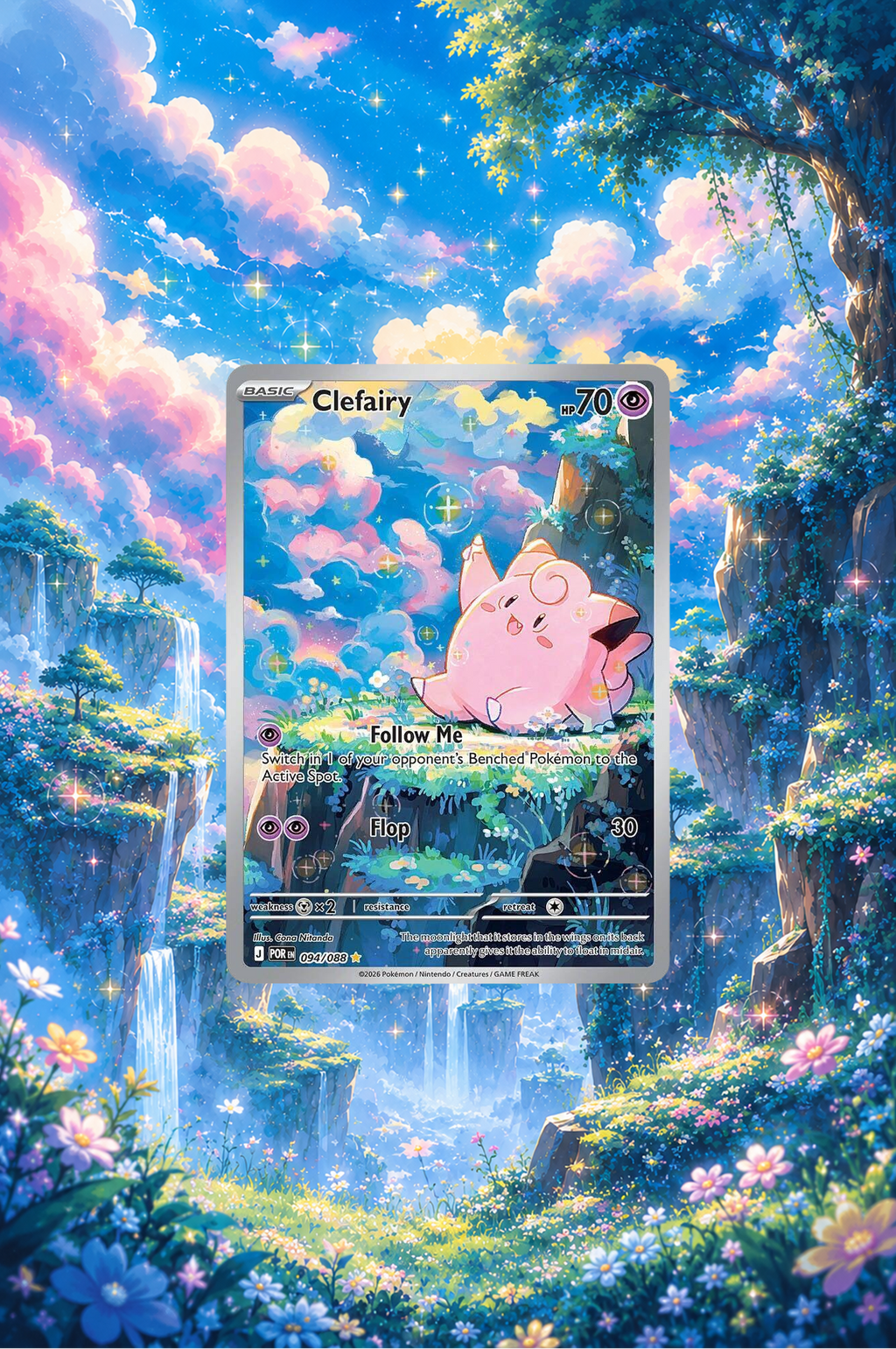 Clefairy Pokémon trading card with a fantasy landscape background