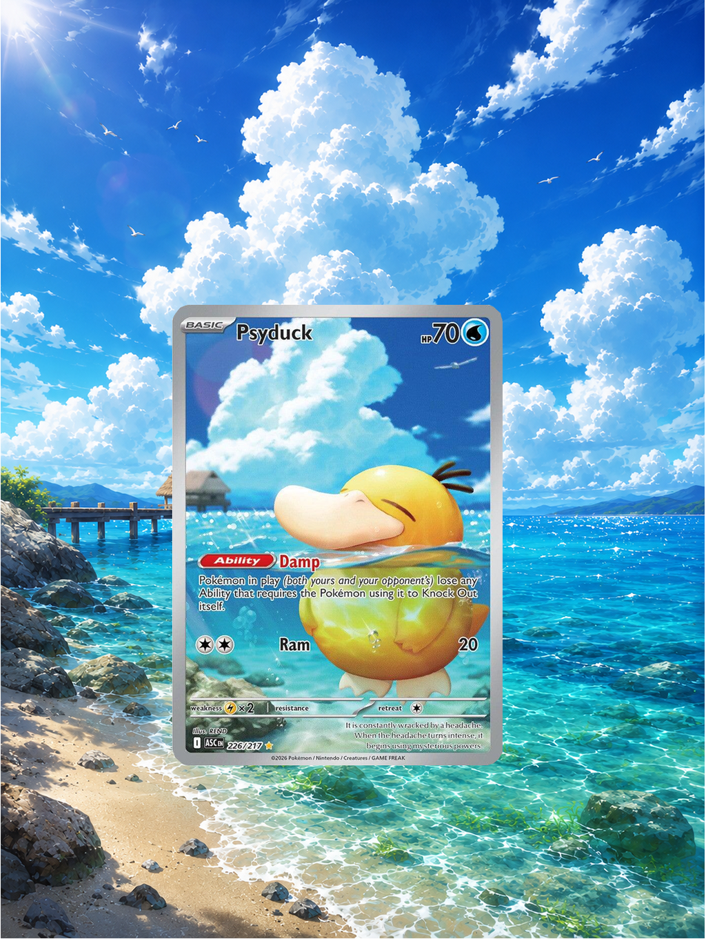 Pokémon card featuring Psyduck on a scenic beach background