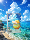 Pokémon card featuring Psyduck on a scenic beach background